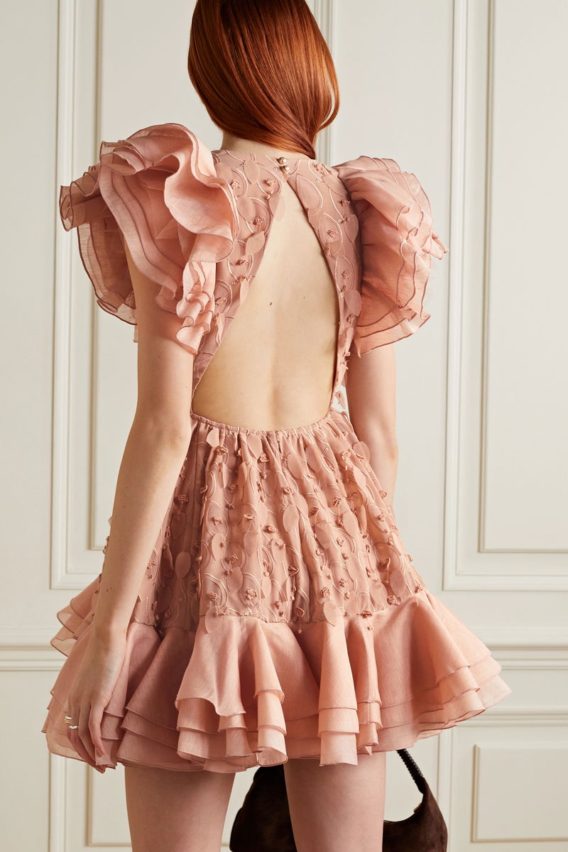 ZIMMERMANN Dancer Embellished Georgette And Linen And Silk-Blend Mini Dress  | endource