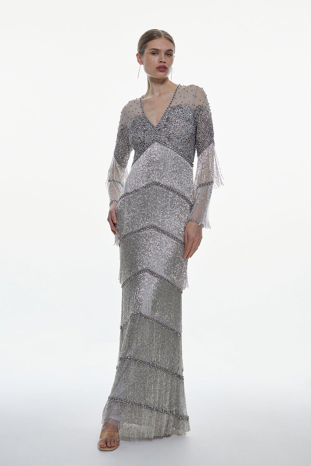 sequins cocktail party dress Sequin Silver Fringe La Divine CM375 – Sparkly Gowns brand:terani Sculpted Fit Fresh Rosebud Maxi Dress Your Height:180cm +