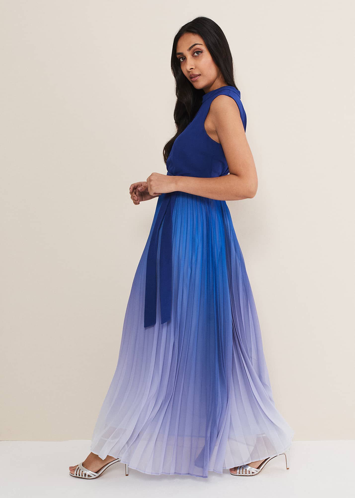 blue and white ombre maxi dress Fiji Blue Ombre Satin Cowl-Neck Strappy Slip-Maxi Dress – Club L London main image 1