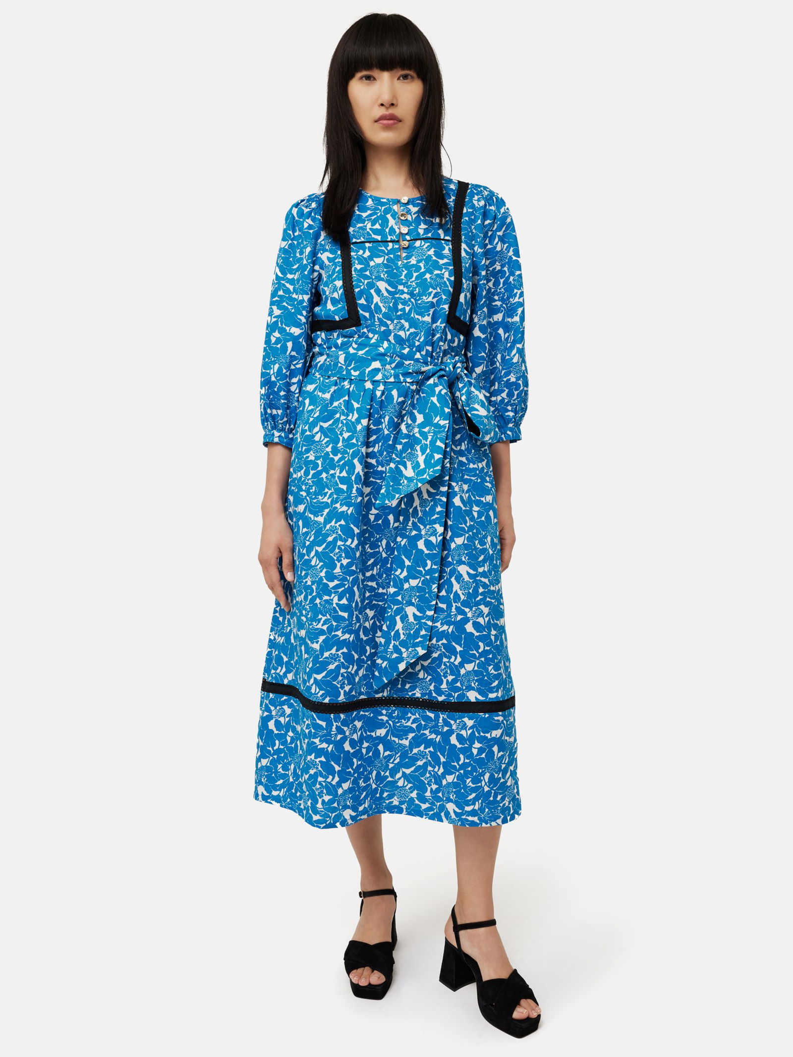 JIGSAW Shadow Leaf Linen Midi Dress in Blue | endource