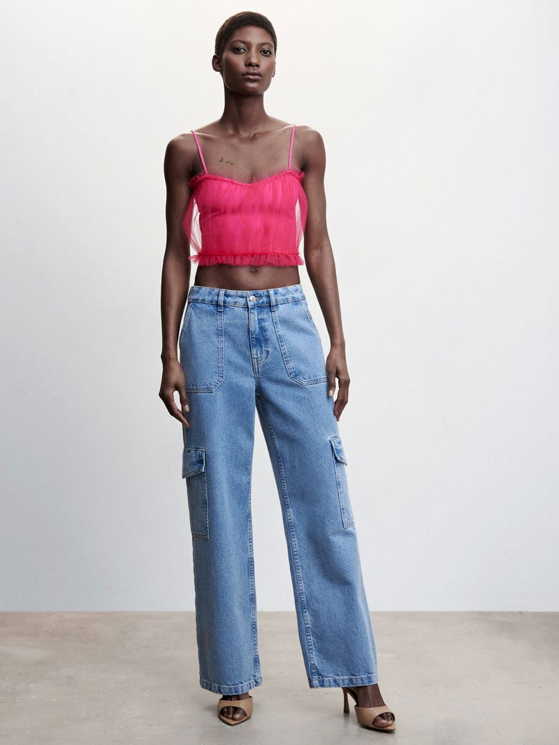 MANGO Peitos Tulle Crop Top in Bright Pink | Endource