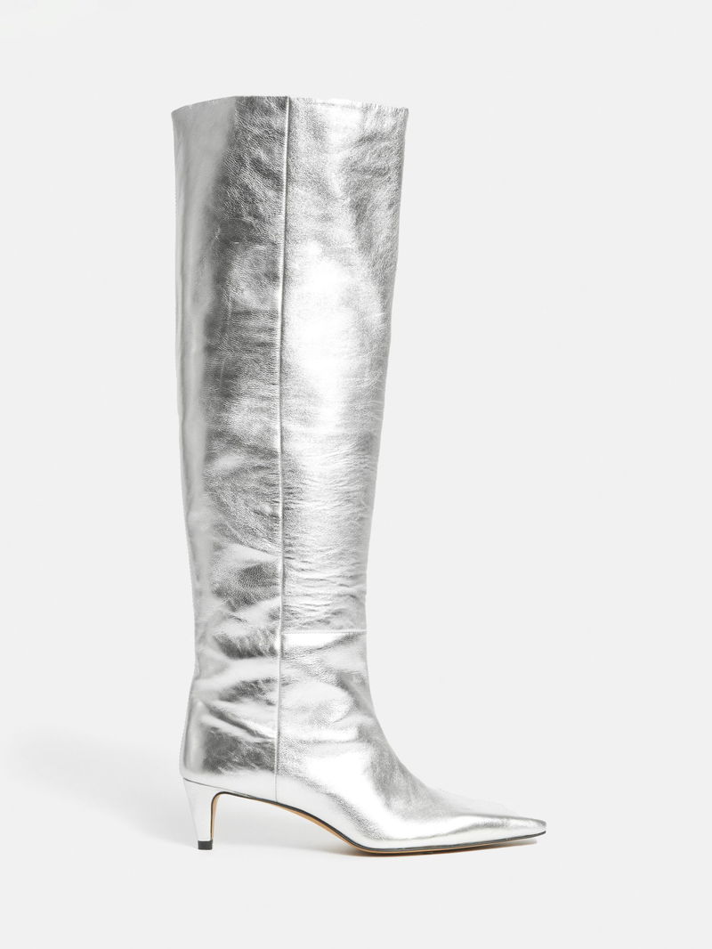 metallic knee high boots