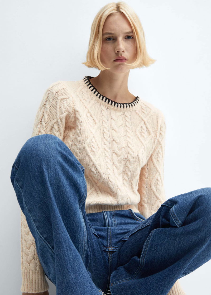 Cable-knit sweater with contrasting trim