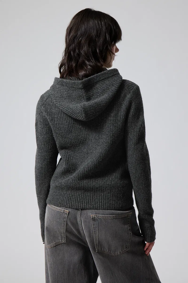 WEEKDAY gray ribbed hooded cardigan worn by a person.