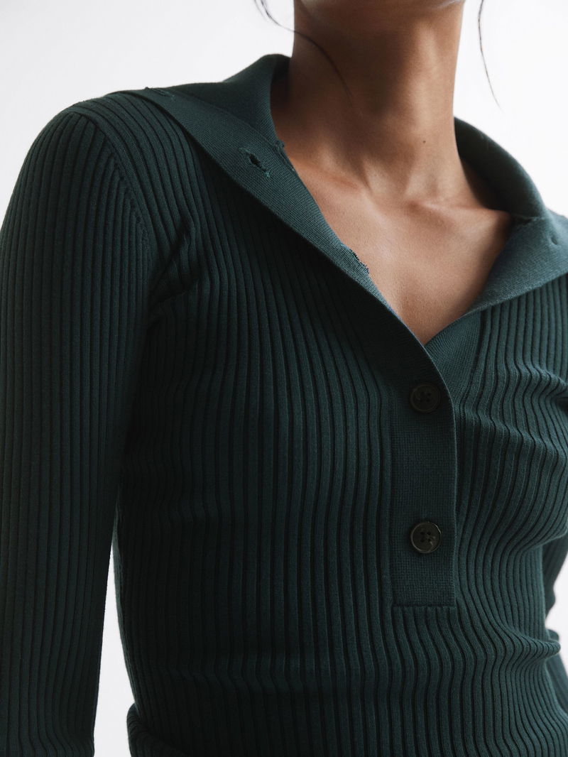 REISS Maia Button Collar Jumper Top in Teal Endource