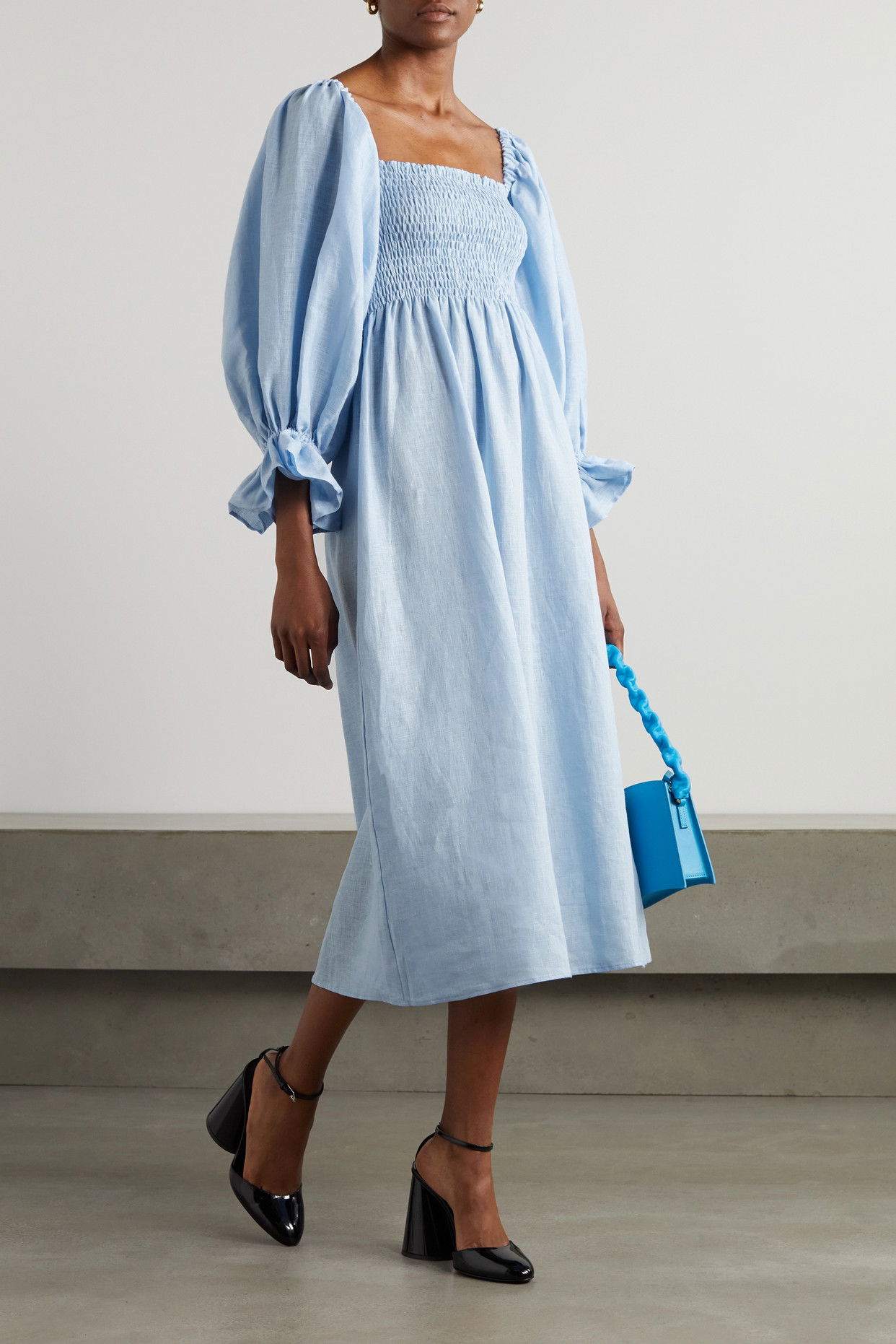 shirred linen midi dress Shirred Linen Blend Button Midi Dress