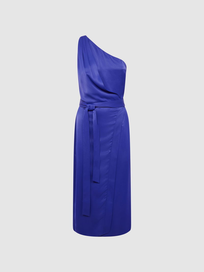 REISS Flora Off-The-Shoulder Satin Midi Dress in Purple