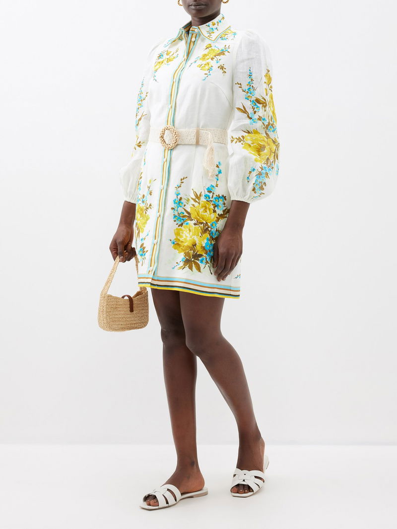 ZIMMERMANN Halcyon Printed-Linen Mini Shirt Dress | endource