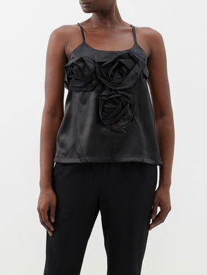 CO Floral-Trimmed Silk-Satin Cami Top in Black