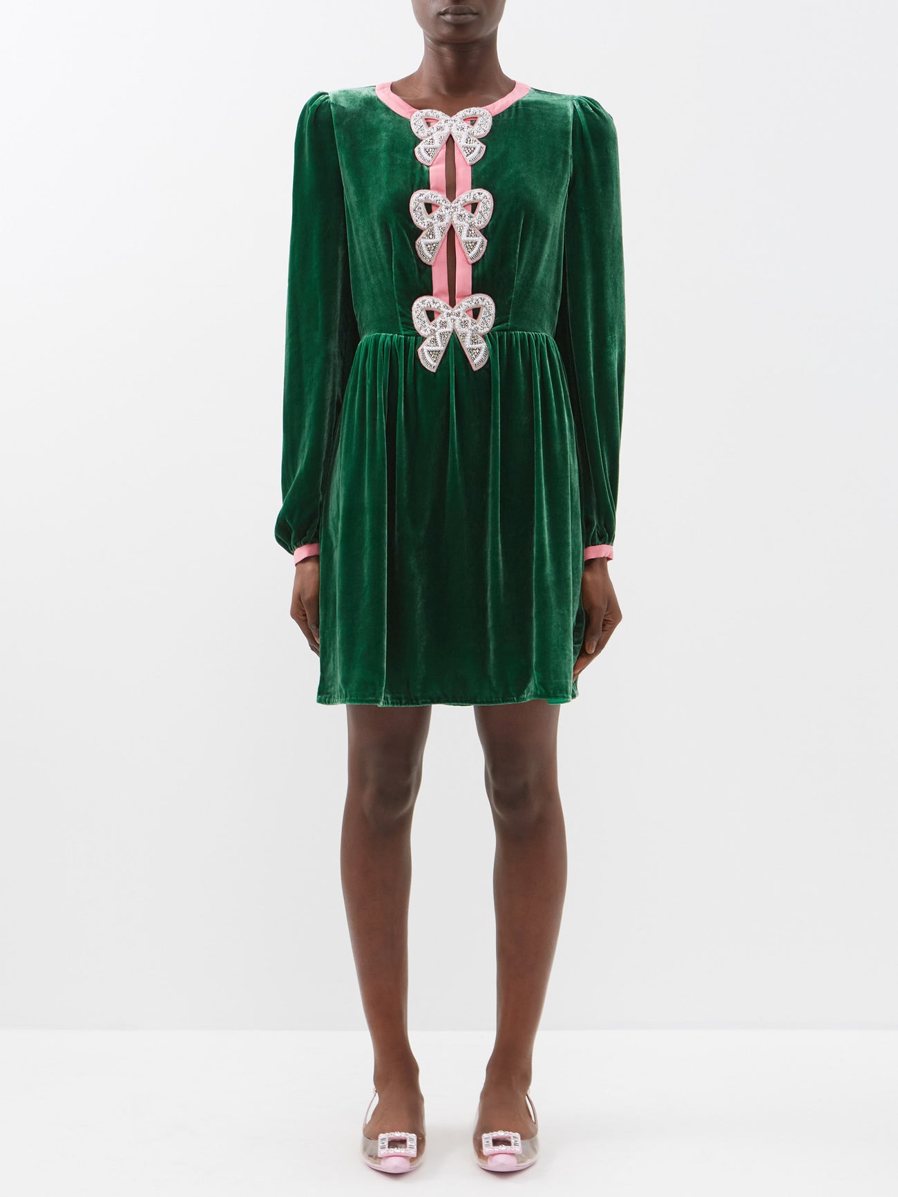 SALONI Camille Crystal-Bow Velvet Mini Dress | endource