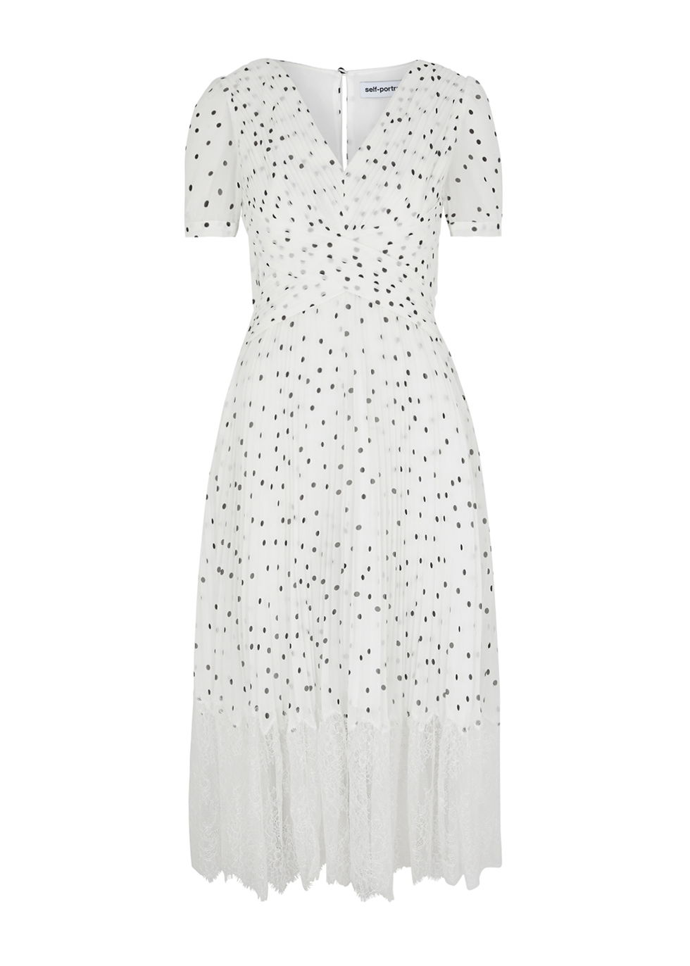 self portrait polka dot chiffon midi dress Tie-detailed belted pleated polka-dot satin midi dress - navy
