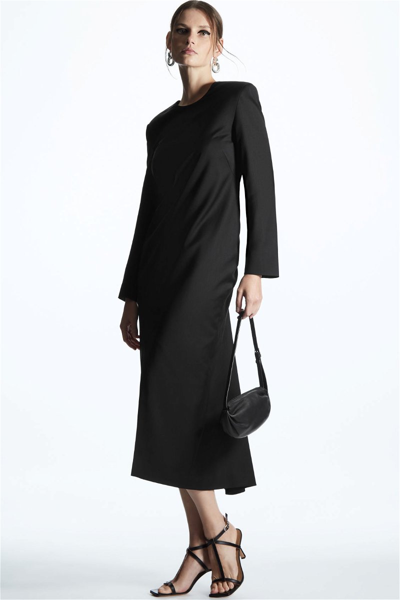 COS Draped Wool-Blend Midi Dress in BLACK