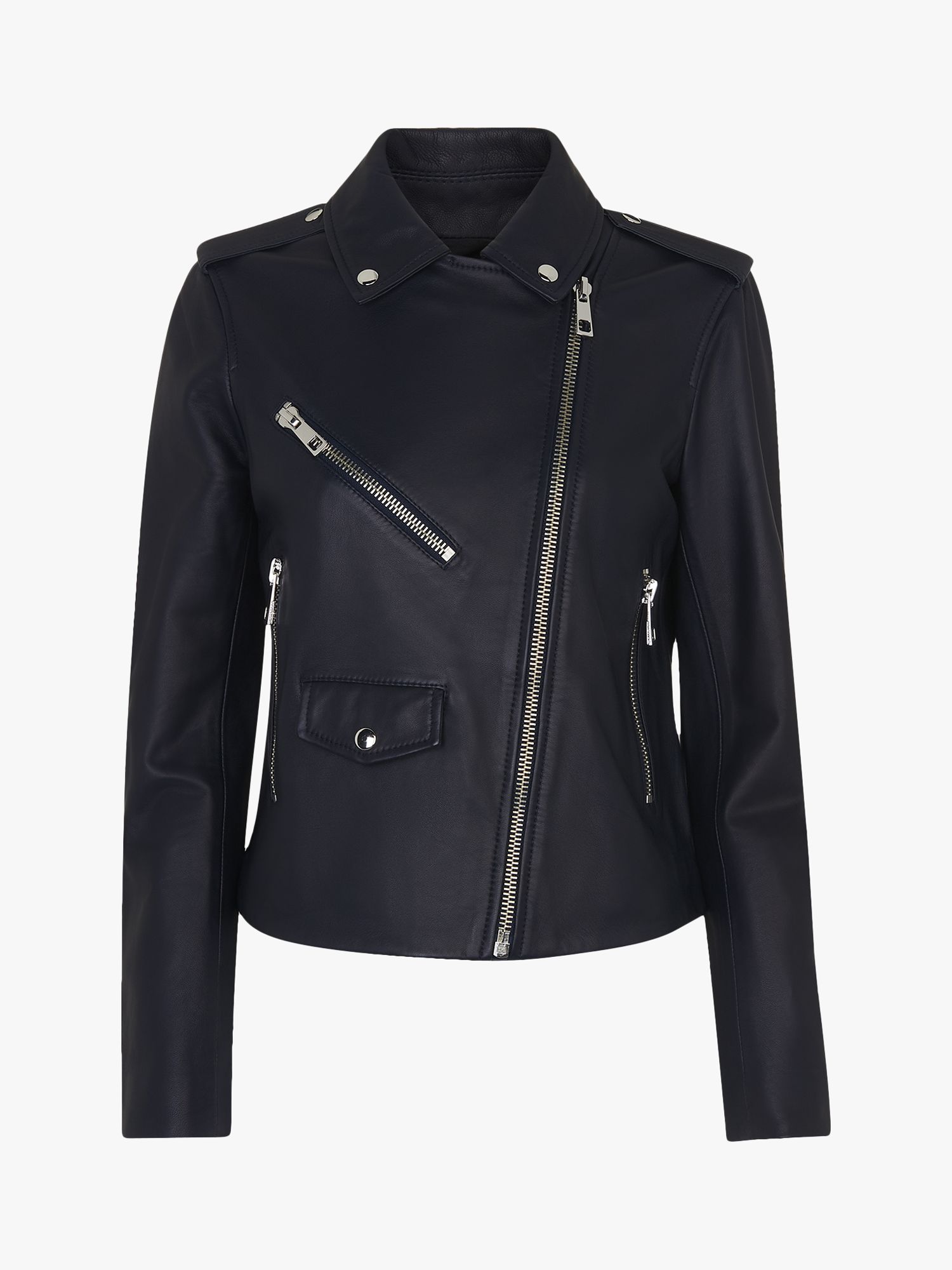 WHISTLES Agnes Pocket Leather Jacket in Navy | Endource