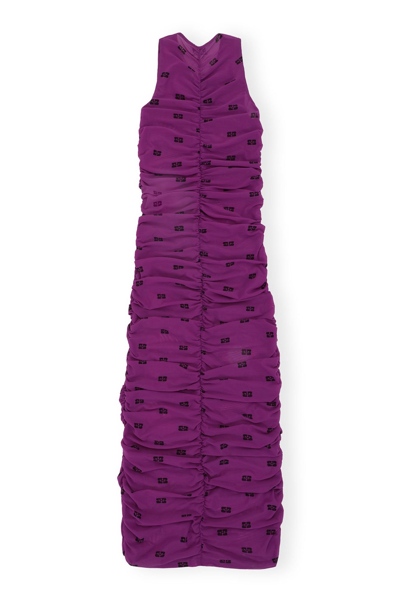 Printed ruched mesh midi dress in purple - Ganni