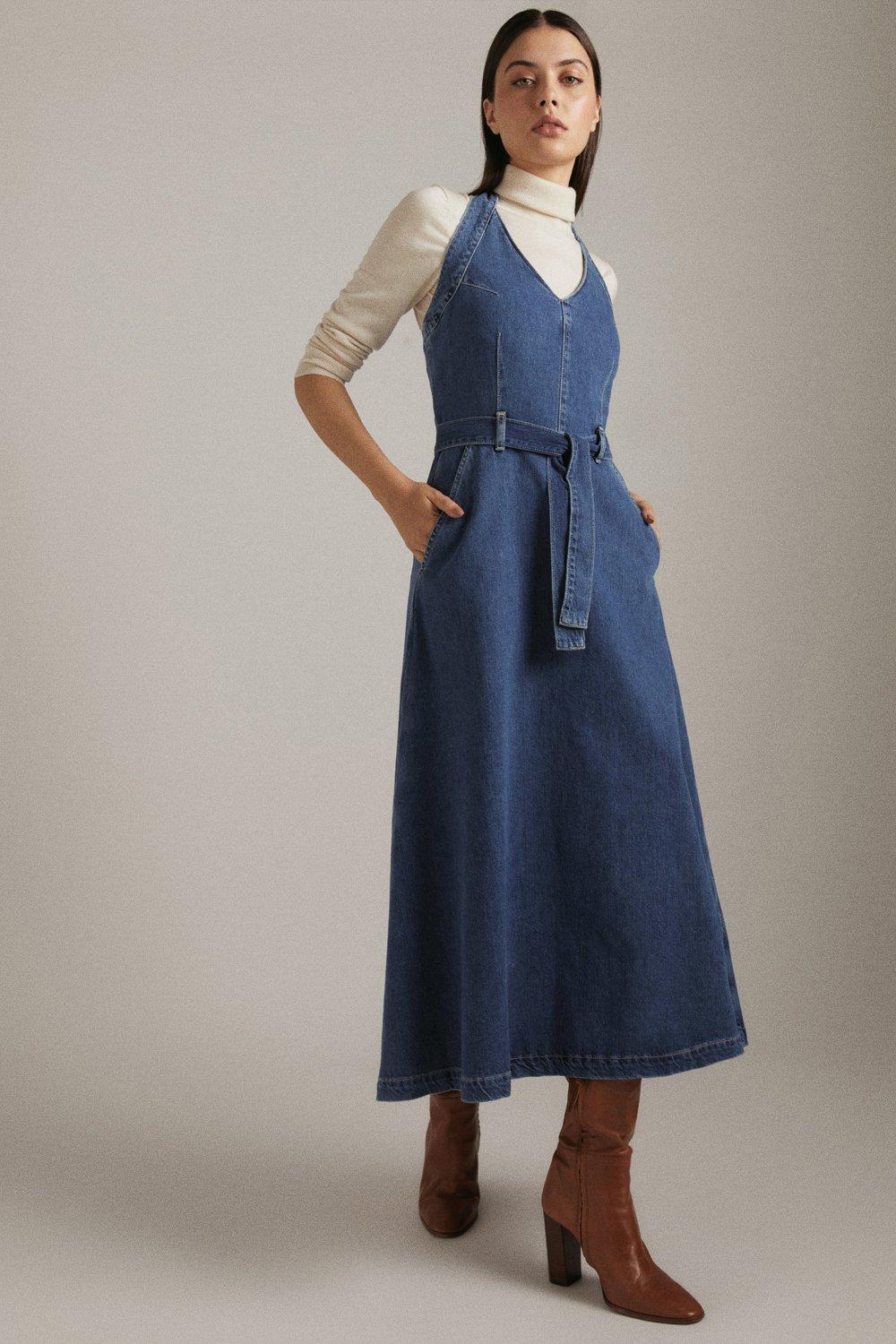 karen millen denim dress Mid Blue KarenMillen Denim Collared Belted Maxi Dress