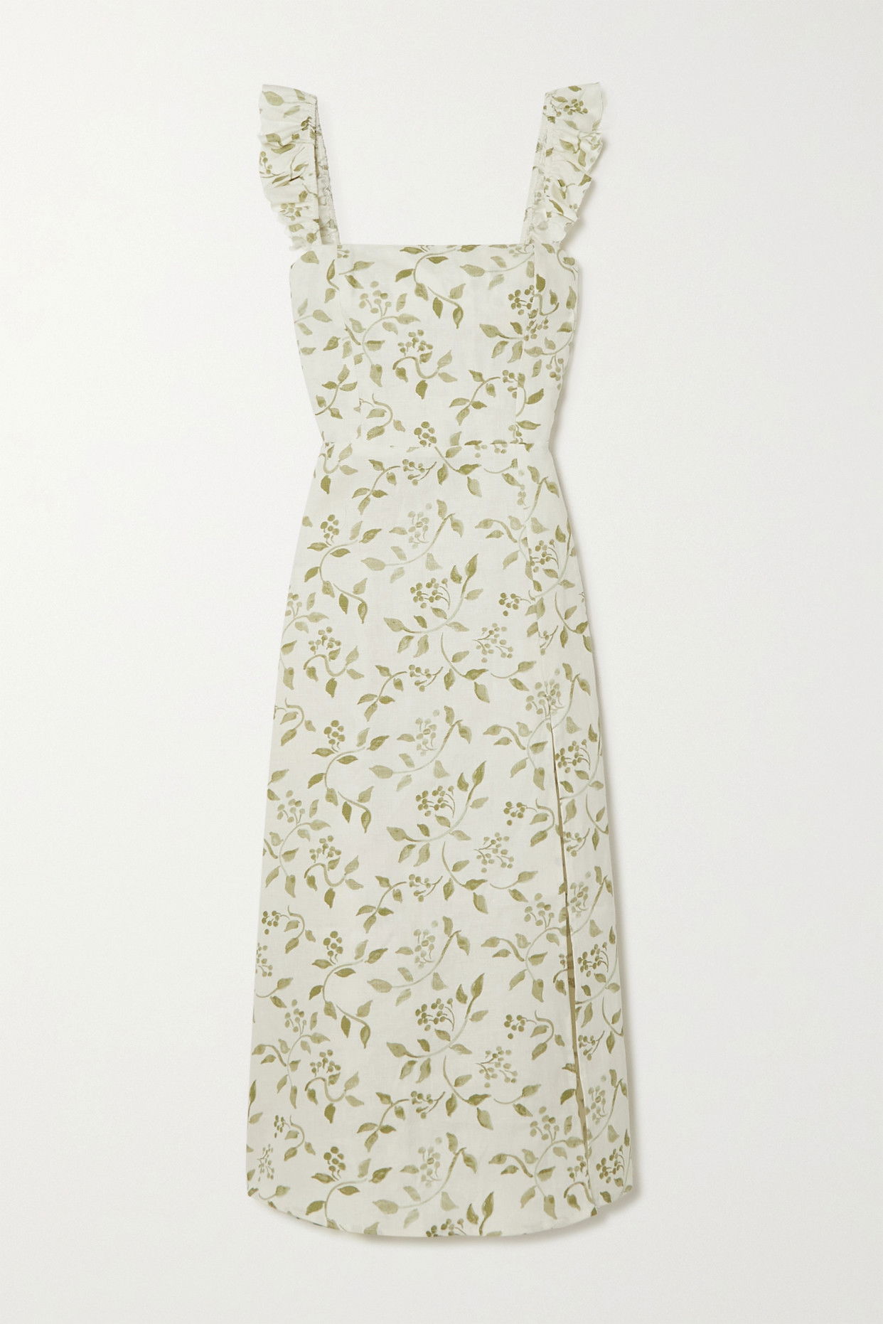 spaulding linen dress REFORMATION Spaulding Ruffled Floral-Print Linen Midi Dress