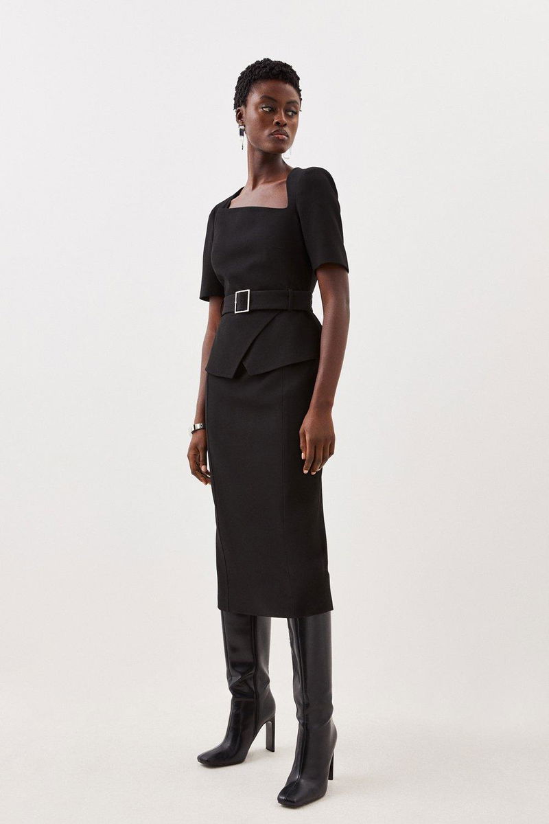 navy blue dress for baby girl Black Petite Structured Crepe Forever Asymmetric Neck Belted Pencil Midi  Dress main image 0