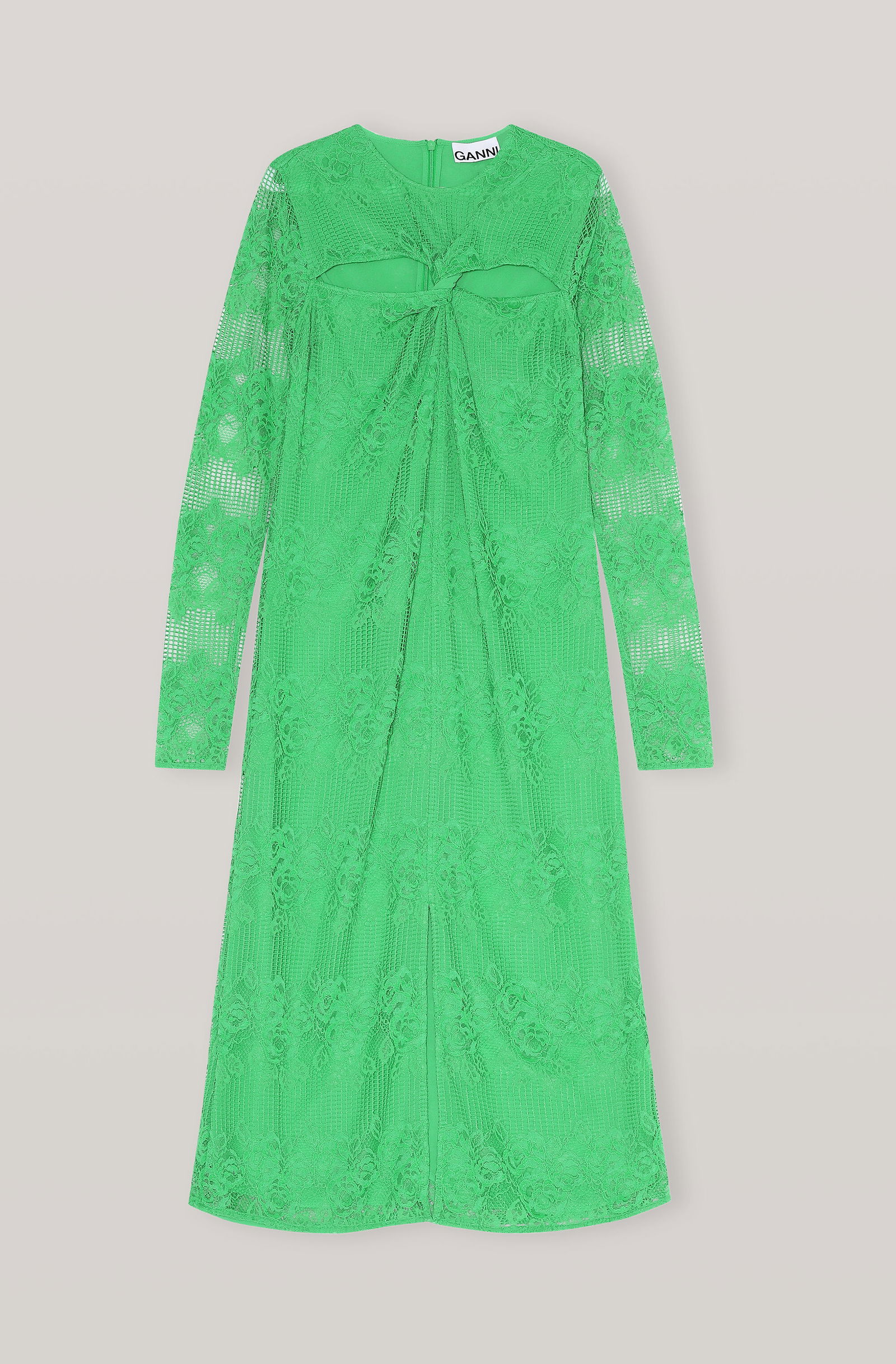 ganni green lace dress GANNI Kelly Green Cutout Twisted Lace Midi Dress Long Sleeve 38