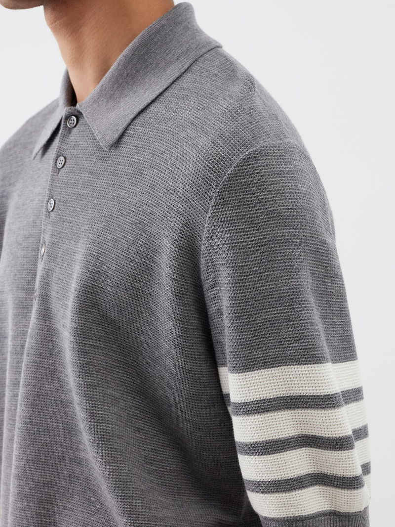 Thom Browne Four Bar Waffle-Knit Polo Shirt in Grey | endource