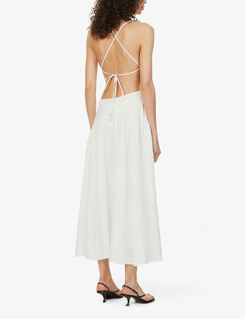 ZIMMERMANN Tropicana Asymmetric-Neck Linen Midi Dress | Endource