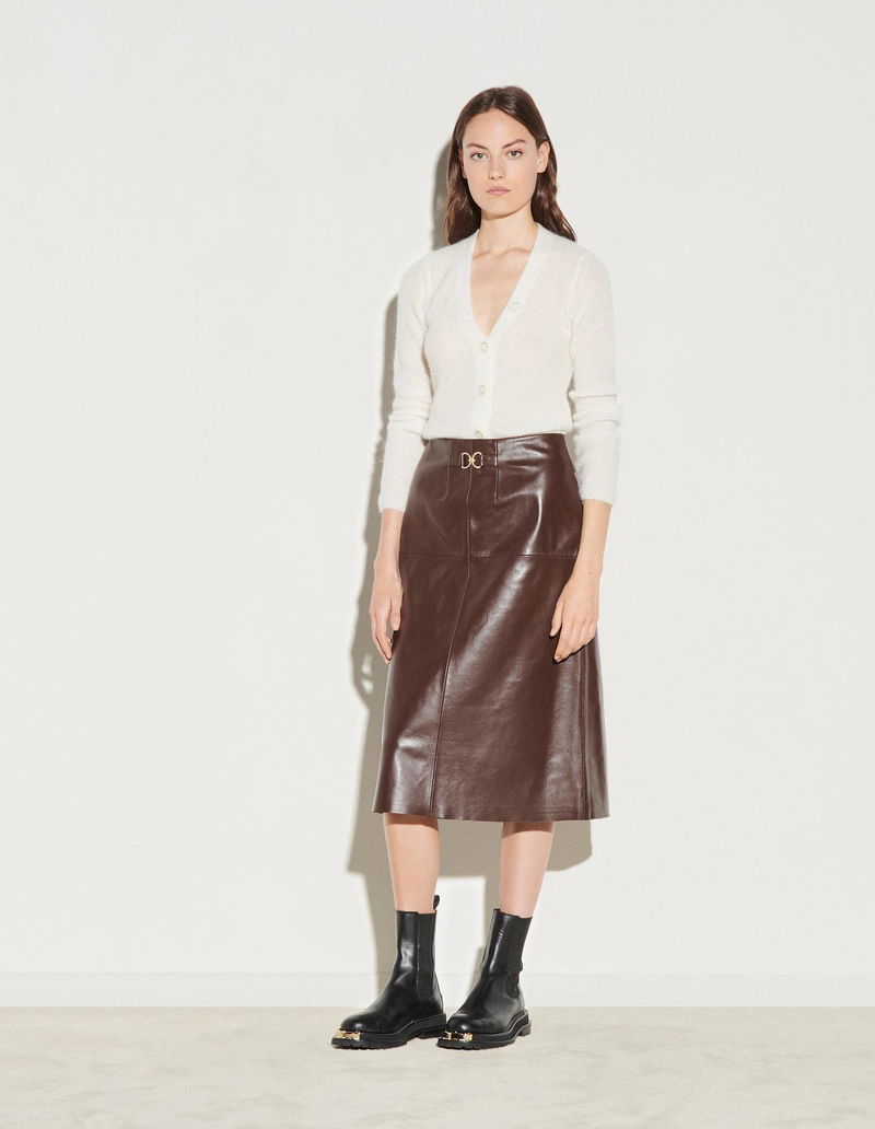 brown leather skirt zip