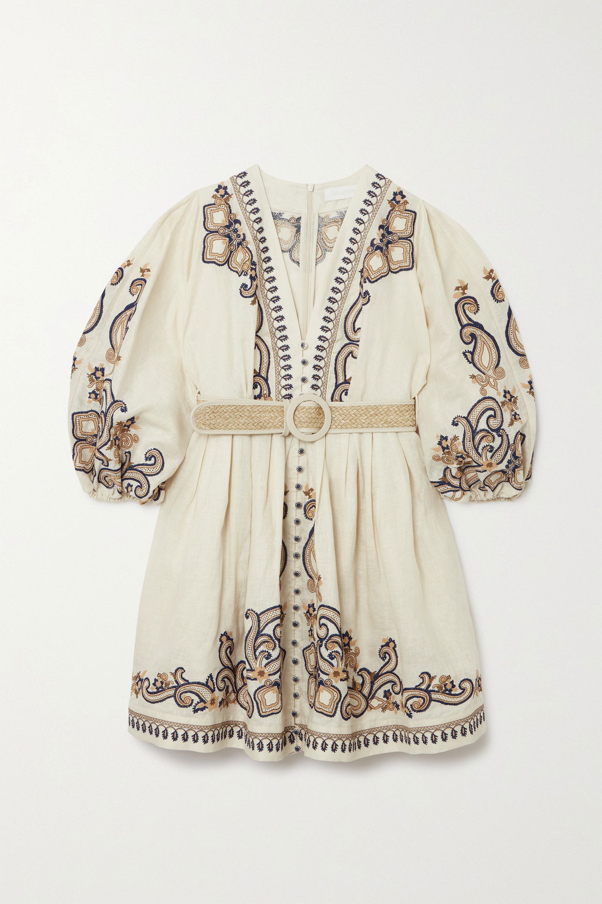 ZIMMERMANN Aliane Belted Embroidered Linen Mini Dress | endource