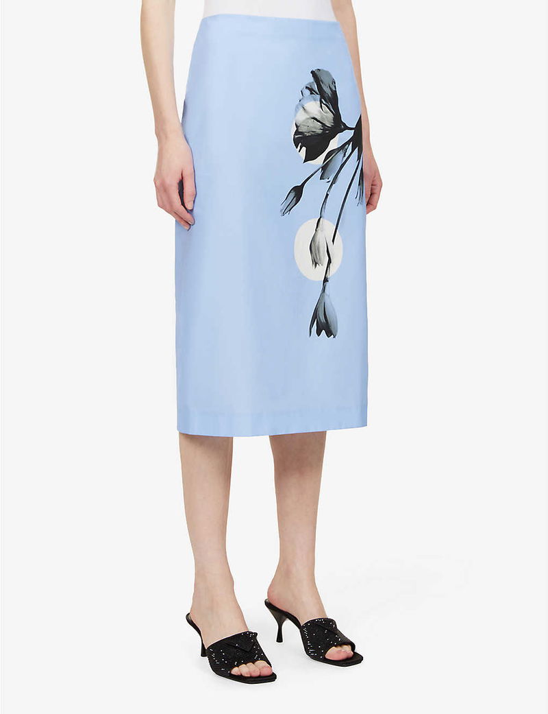 PRADA Tulip-Print High-Waist Cotton-Poplin Midi Skirt endource