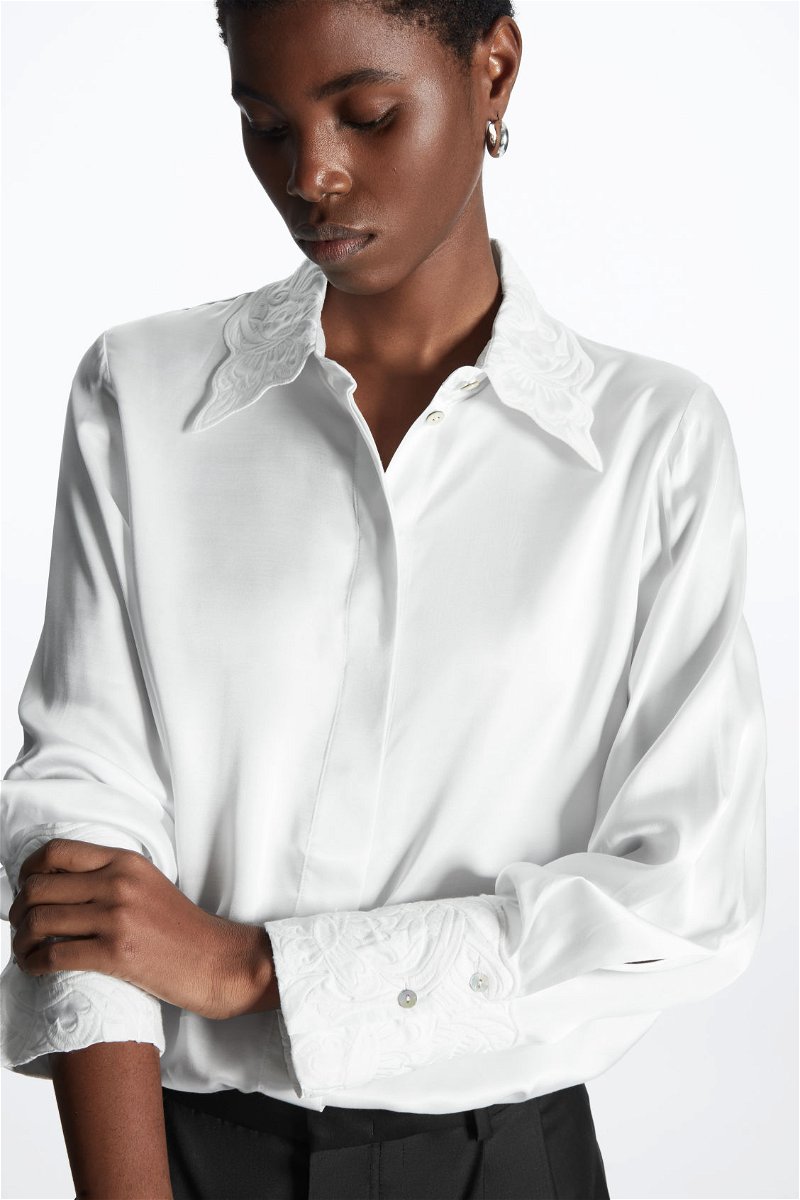 COS Regular-Fit Embroidered-Collar Shirt in WHITE