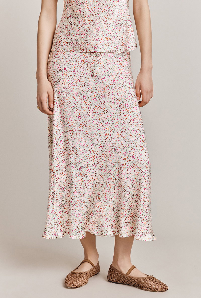 Floral silk midi skirt with brown ballet flats