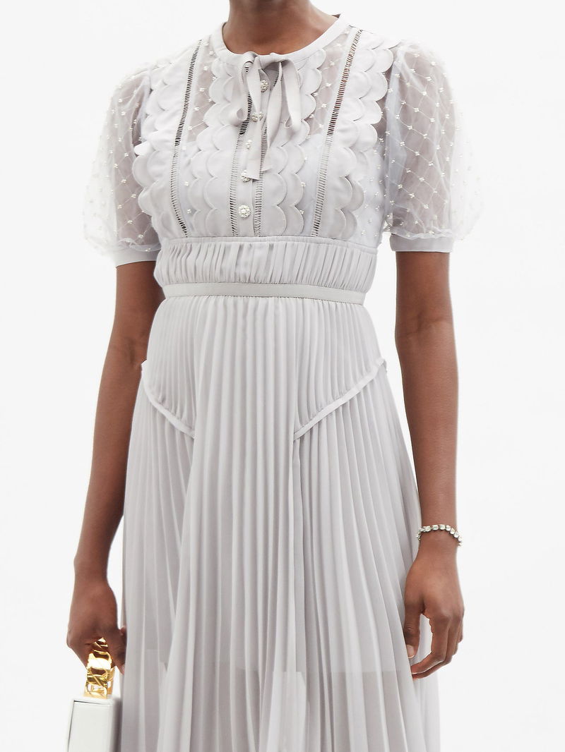 SELF-PORTRAIT Scalloped-Trim Pleated Chiffon Midi Dress