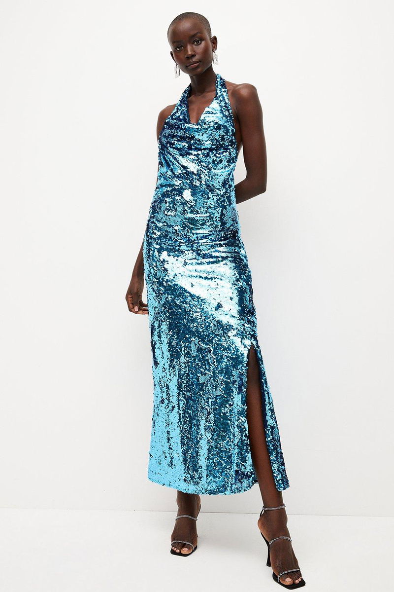 KAREN MILLEN Sequinned Halter Neck Column Midi Dress endource