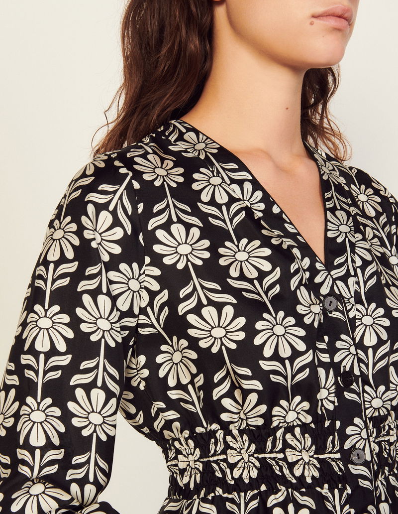 sandro short printed silk dress Sandro Short Printed Dress With Lace In Black - 70% Off