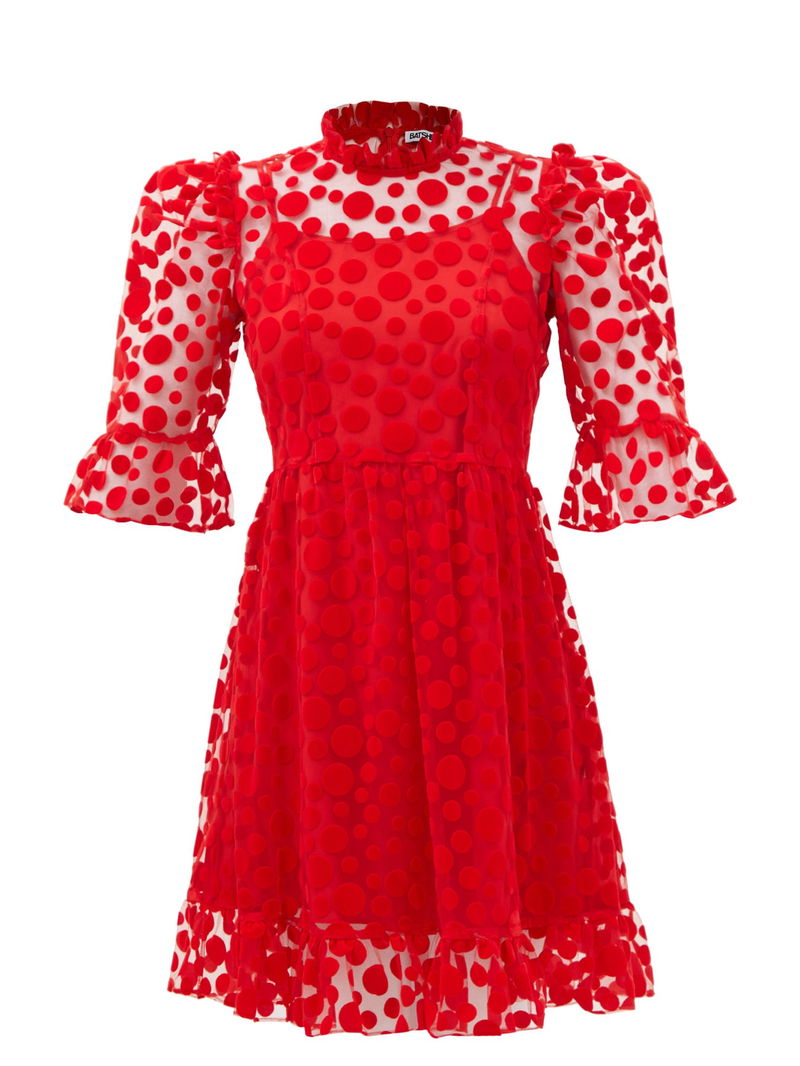 open lace back dress Kids Red & White Dot Pom Pom Christmas Tree Tulle Dress – Little-Minnows main image 1