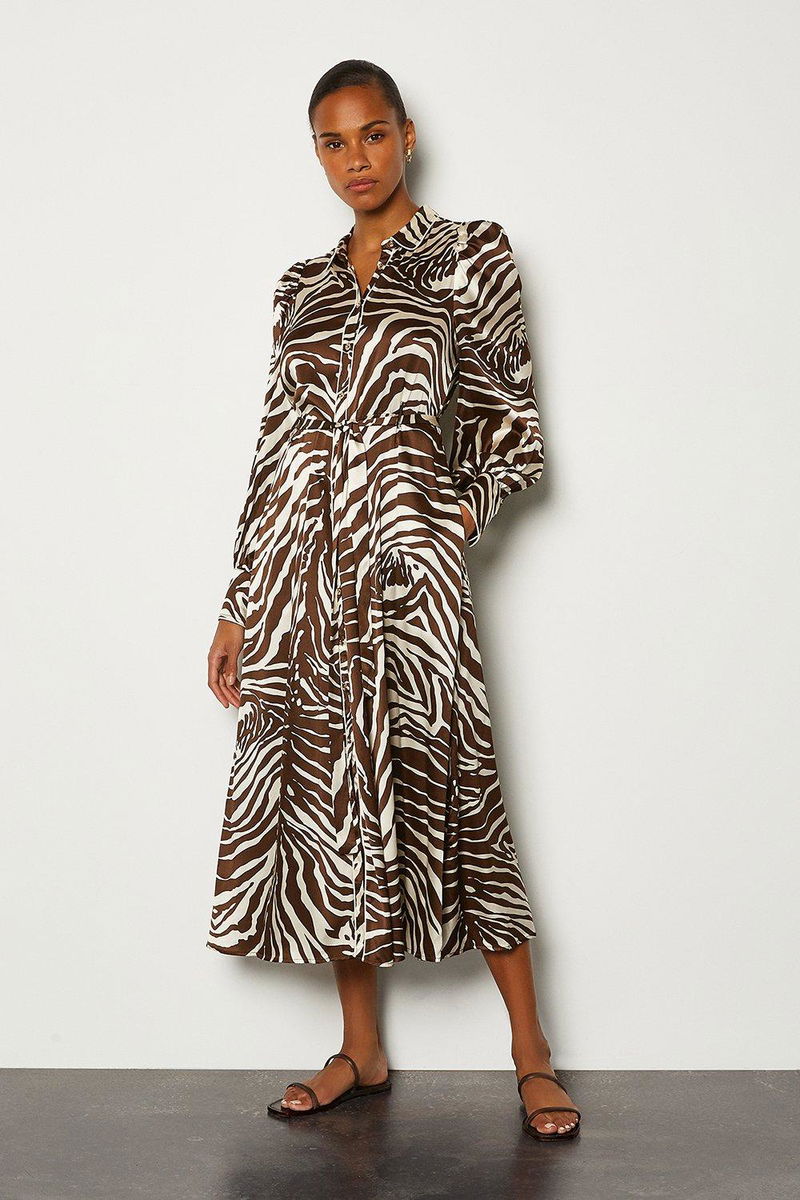 KAREN MILLEN Silk Zebra Print Long Button Up Dress | endource