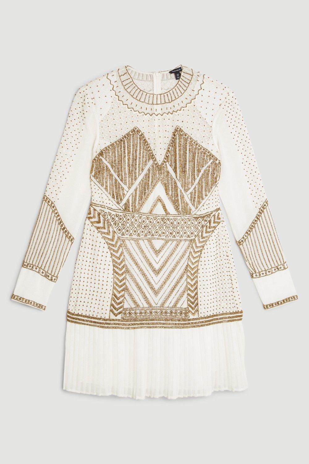 KAREN MILLEN Gold Embellished Pleated Woven Mini Dress in Gold Endource