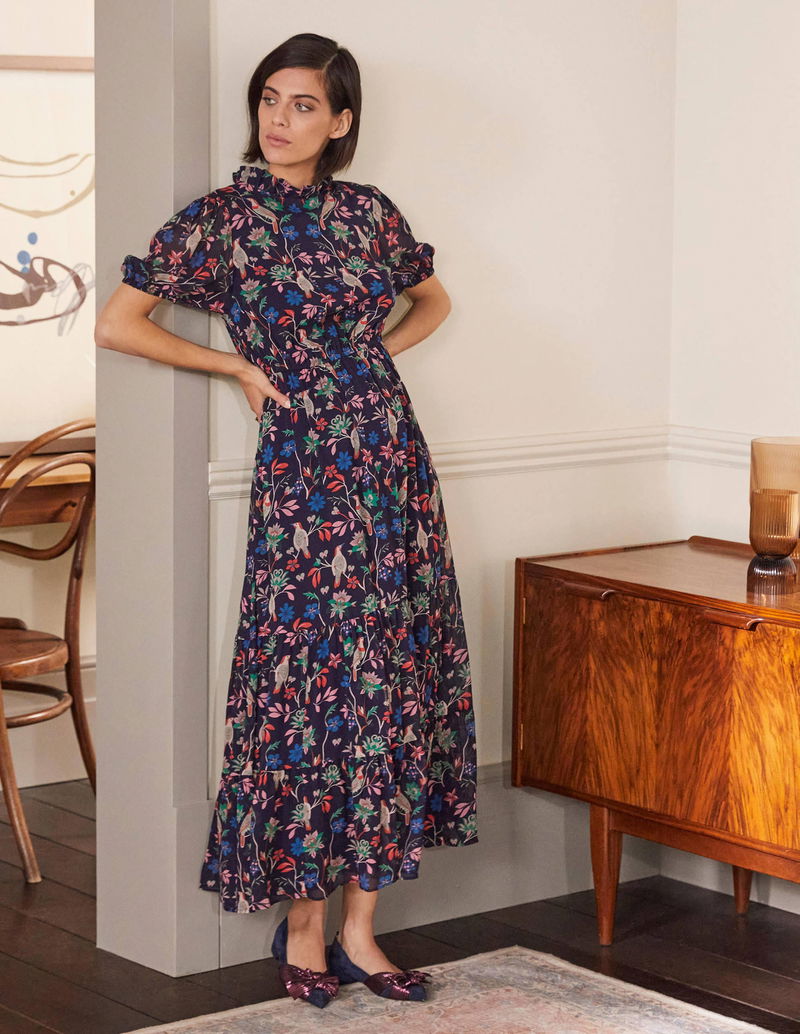 boden puff sleeve tiered midi dress Anna Linen Tiered Midi Dress - Paradise Green