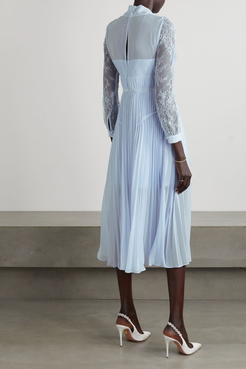 SELF-PORTRAIT Pussy-Bow Pleated Lace And Chiffon Midi Dress | endource