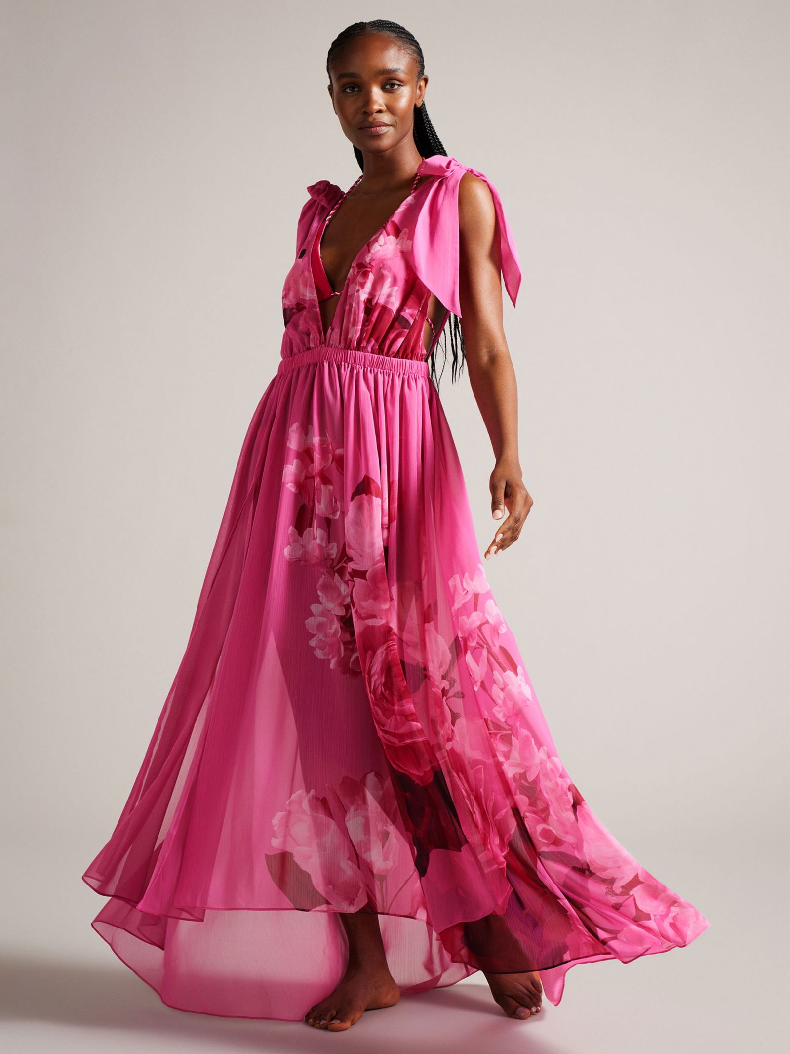 ted baker pink maxi dress Ted Baker Sleeveless V Neck Pleated Linen-Blend Maxi Dress