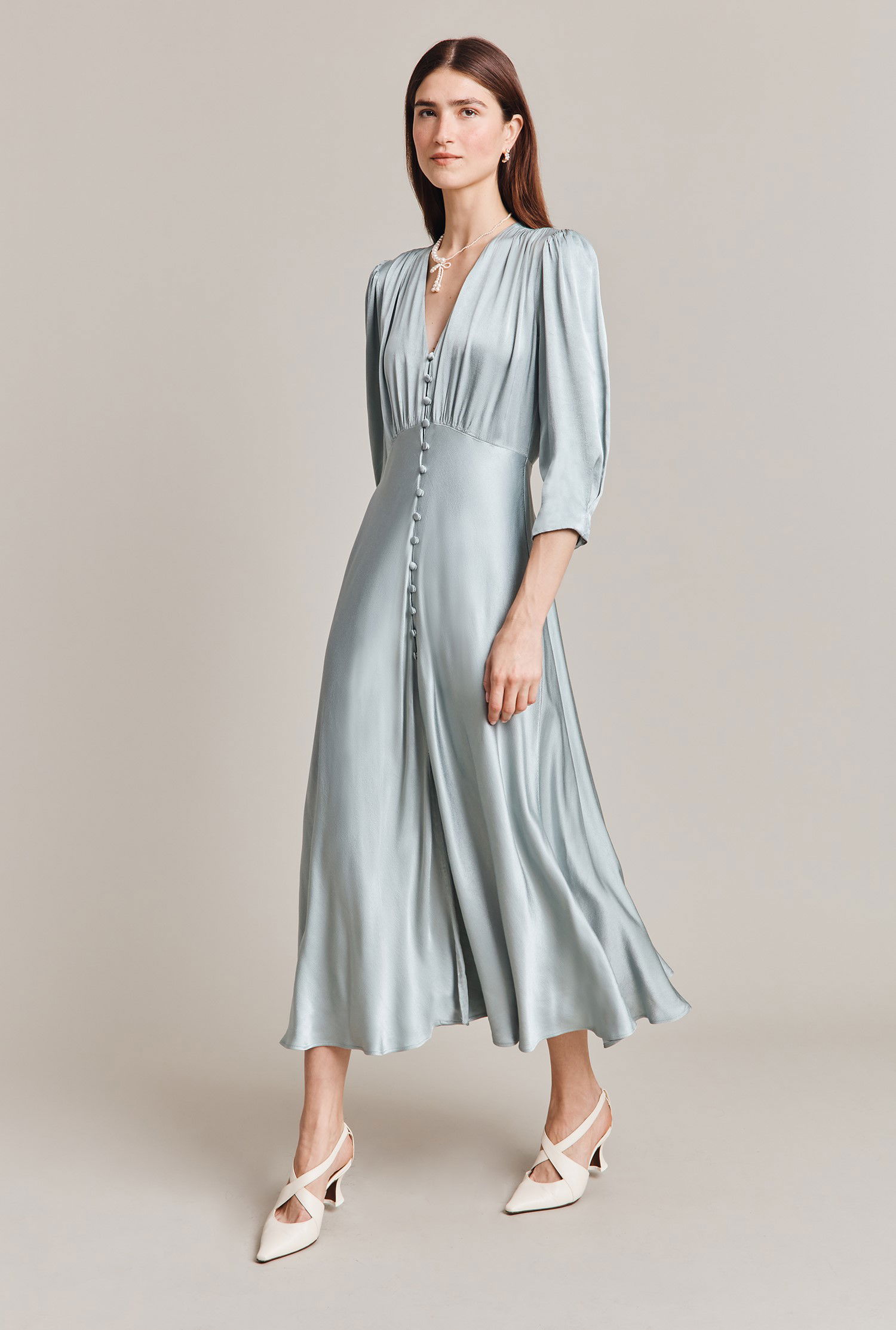 ghost exclusive maddison button front satin midi dress Madison Ivory Satin Midi Dress