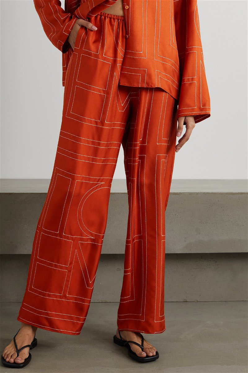 TOTÊME Embroidered Silk-Twill Wide-Leg Pants in Orange