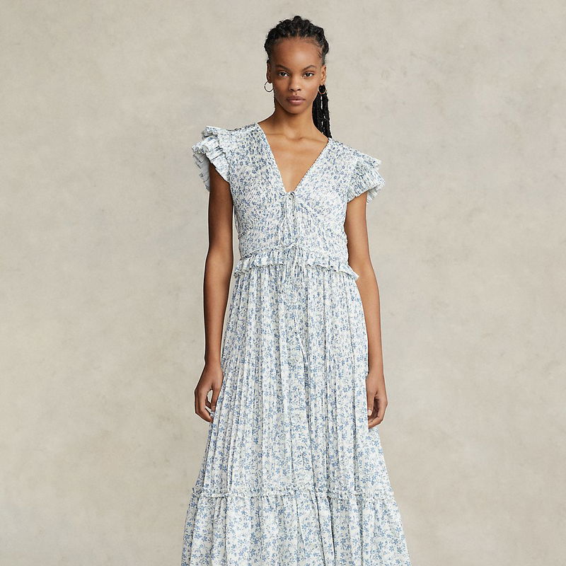 POLO RALPH LAUREN Pleated Satin Flutter-Sleeve Dress | endource