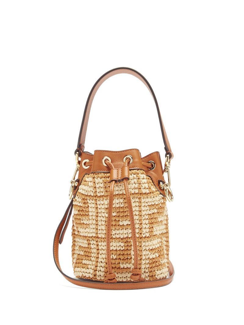 Fendi Tobacco/Cream Zucca Canvas and Raffia Mini Mon Tresor Bucket Bag Fendi