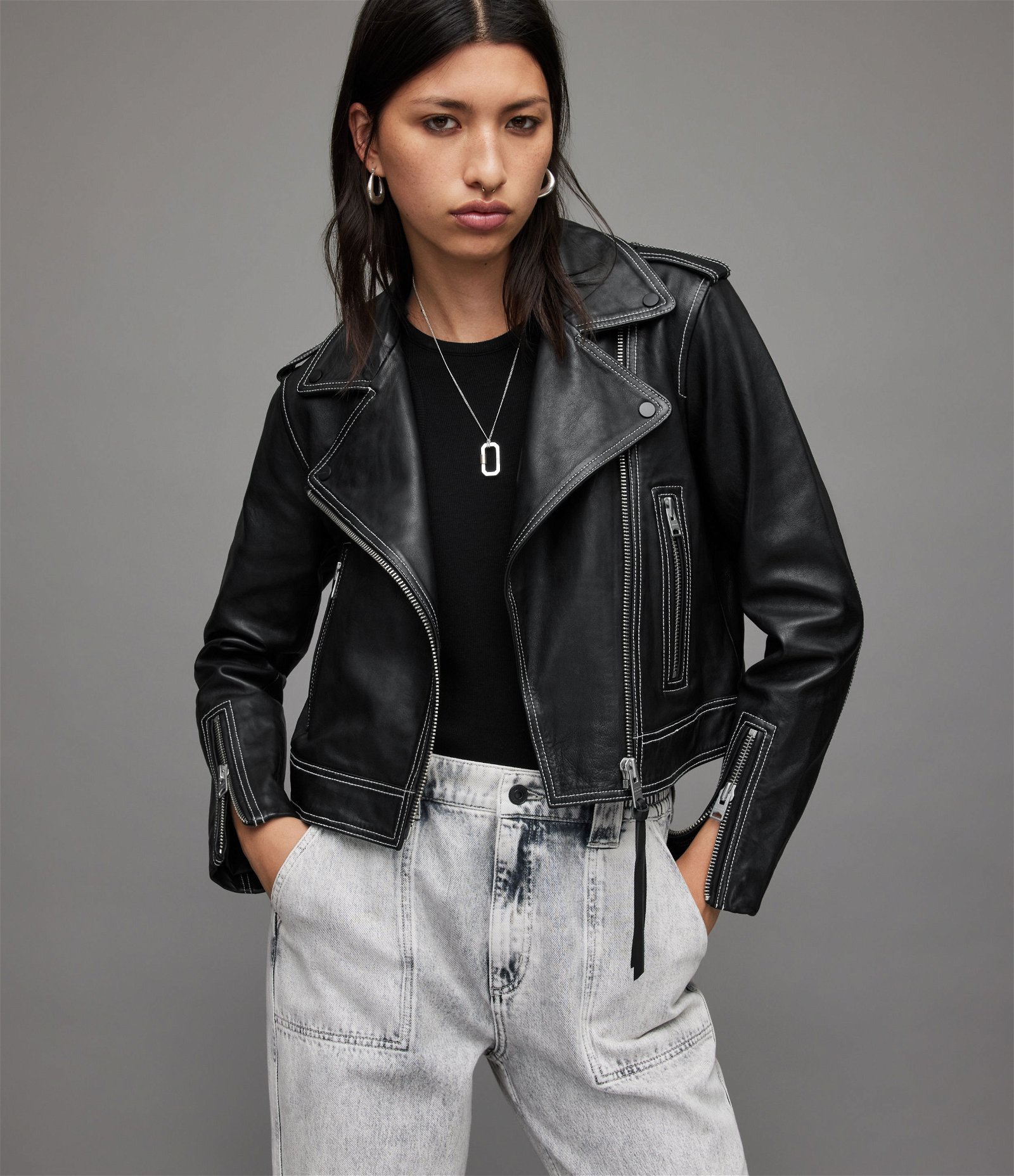 Mint Velvet Stitch Sleeve Detail Leather Biker Jacket - Black