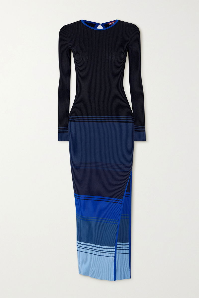 STAUD Edna Open-Back Striped Ribbed-Knit Midi Dress | endource