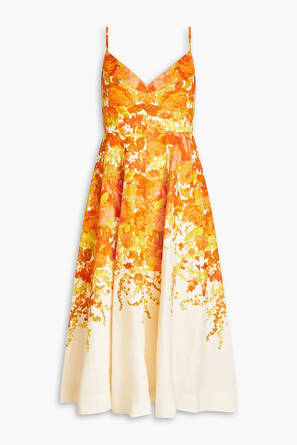 ZIMMERMANN Shirred Floral-Print Linen Midi Dress in Orange | endource