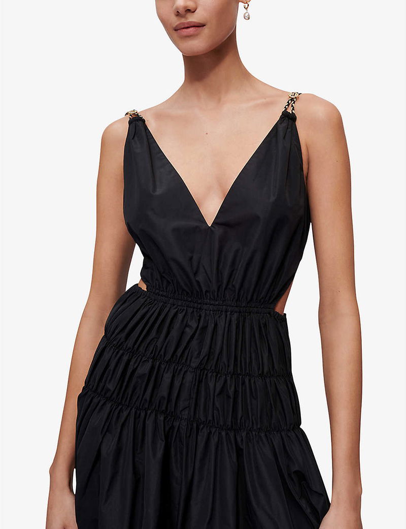 Parisian satin ruched midi dress in black