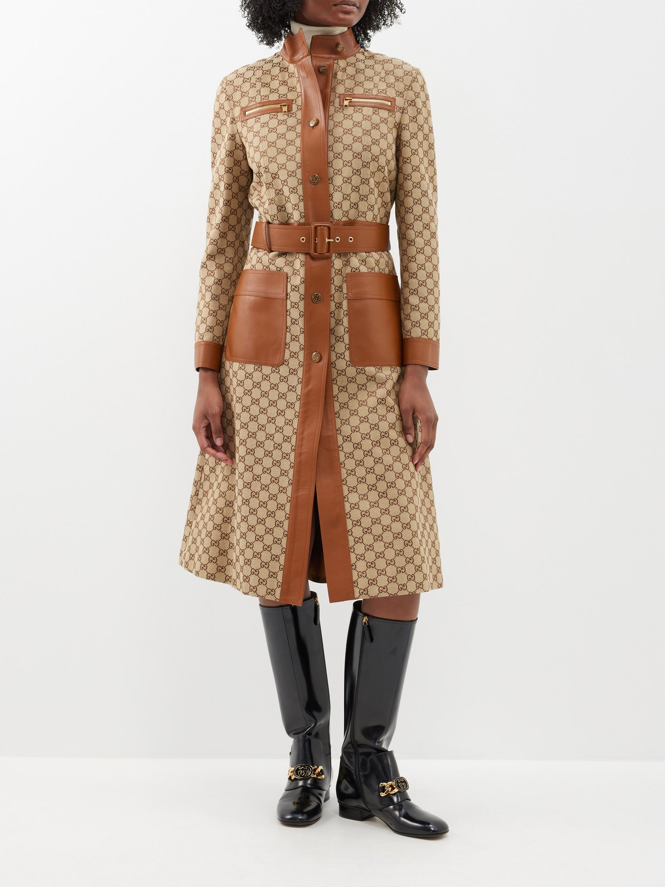 GUCCI GG-Canvas Leather-Trim Trench Coat endource