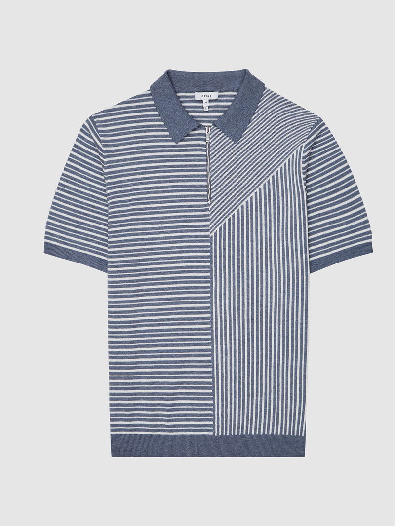 REISS Wriggle Colourblock Zip Neck Polo Shirt in Airforce Blue | Endource