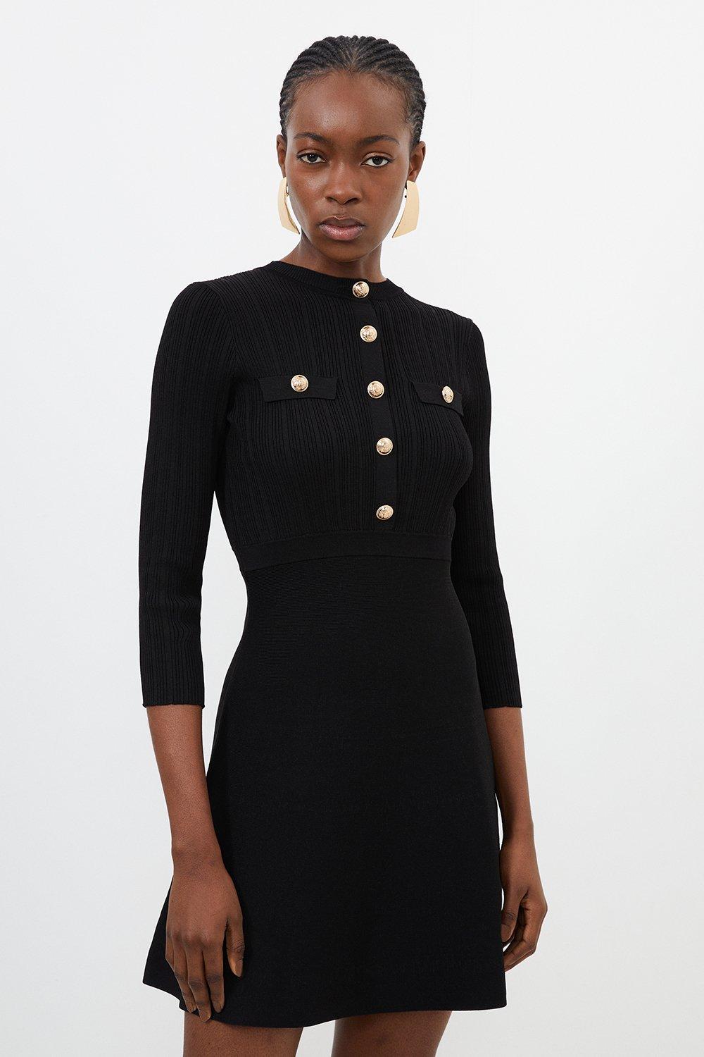 karen millen black knitted dress Black Viscose Blend Mini Knit Dress With Chiffon Sleeve Military Trim