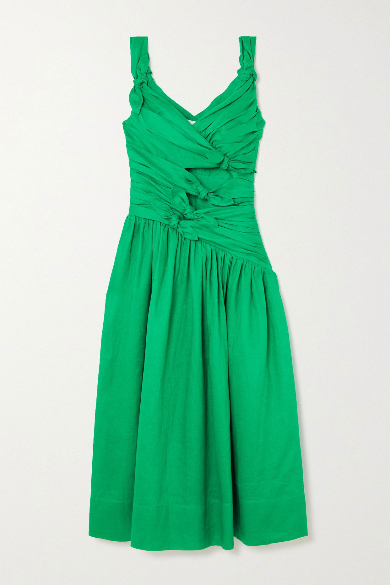 ZIMMERMANN Tiggy Bow-Embellished Linen Midi Dress in Green | Endource